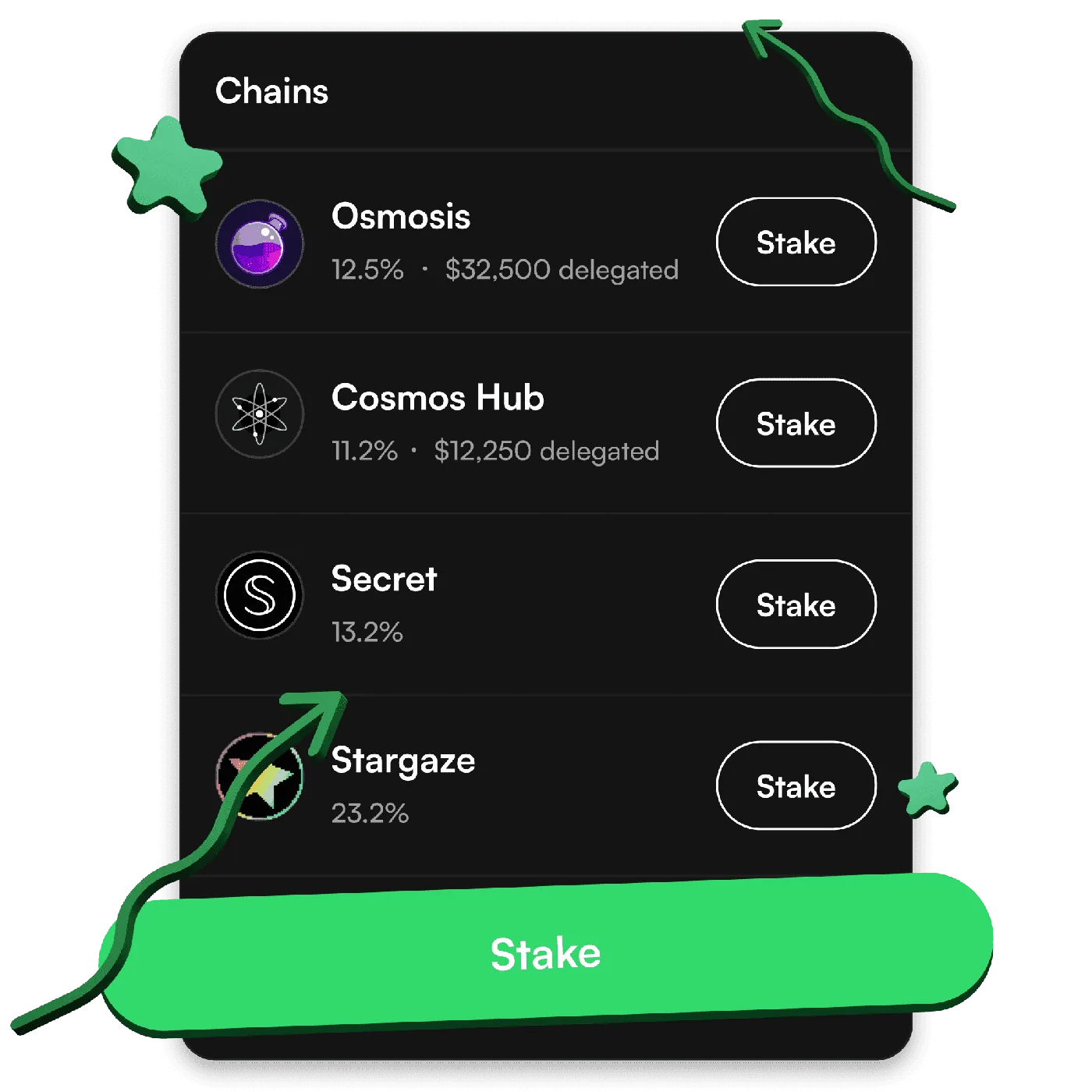 Leap Wallet crypto staking interface